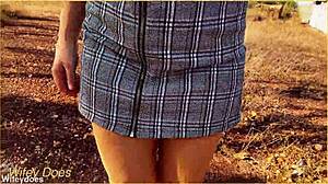 Wife forgets panties, showing shaved pussy upskirt.