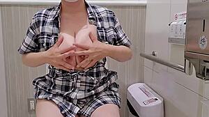 a married japanese woman sneaks away to masturbate in a store toilet.