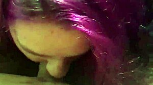Purple-haired BBW sucks big cock until a mouthful. Her young curves grip every inch tight!