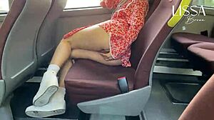 Hot woman flashes panties and gropes herself on a crowded bus