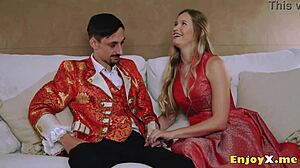 Platinum-blonde with shaved pussy worships man's cock in hardcore oral scene