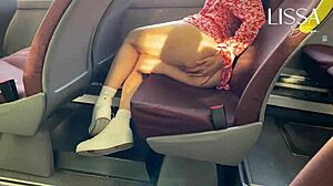 Hot woman flashes panties and gropes herself on a crowded bus