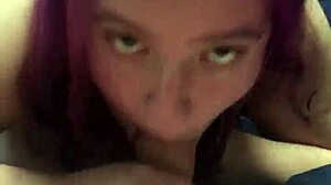 Purple-haired BBW sucks big cock until a mouthful. Her young curves grip every inch tight!