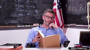 Horny teacher bangs student's hairy pussy hard