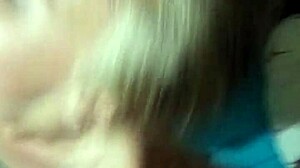 Young blonde babe gives deepthroat blowjob to friend in homemade video.