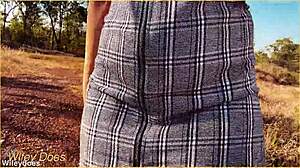 Wife forgets panties, showing shaved pussy upskirt.