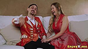 Platinum-blonde with shaved pussy worships man's cock in hardcore oral scene