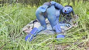 Avatar Monika Fox goes wild with hard dildo anal and pussy squirt in forest.