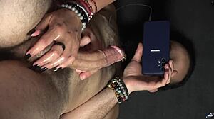 feeling the intense closeup handjob with long nails leading to big cumshot on nails.