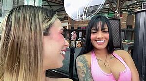 Latina Best Friend Licks Ass in Shopping Mall Outdoor Setting