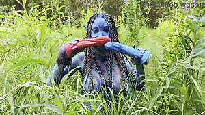 Avatar Monika Fox goes wild with hard dildo anal and pussy squirt in forest.