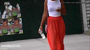 Voyeur spies on ebony mature's tits and anal in candid hidden footage