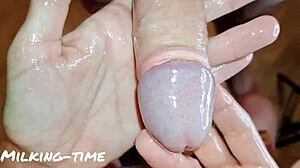 Dirty talk fills the air during foreskin play and milking handjob