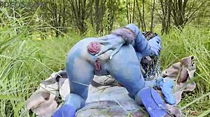 Avatar Monika Fox goes wild with hard dildo anal and pussy squirt in forest.