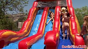 These outdoor lesbians are licking pussy and having fun with toys