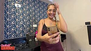 Brazilian Wife Cheats on Cuckold Husband via Phone and at Home. She Licks and Gets Cum on Shaved Pussy.