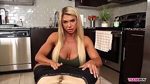 TeasePOV - denise anders teases my throbbing cock with blowjob, athletic blonde milf handjob, pov fitness, and cumshot.