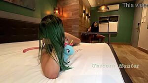 pierced nipples licked, ass slapped, submissive lesbian uses dildo toys