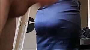 I got my French slut in blue satin dress and red thong for wild doggy style