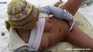 naked girl masturbates with toys in the snow, achieving orgasm in this retro remaster