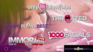 Busty stepmom gives blowjob, footjob and tittyfuck