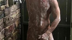 It's shower time for the young skinny bodybuilder with small waist and big cock