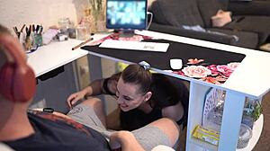 Curvy secretary sucks boss off in suggestive roleplay on Zoom, cum in mouth