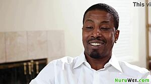 Gorgeous blonde masseuse gives nuru massage to black client