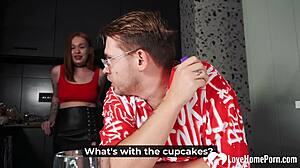 Redhead on her knees roleplays naughty fantasies with blowjob and handjob