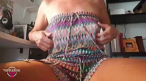 Nippleringlover kinky mother plays with pierced pussy and pinches extreme nipples at home office