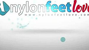 Brunette in black pantyhose displaying her feet from the car