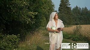 Cute 18+ girl masturbating pussy in the field – teasing walk