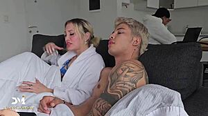 Stepsiblings Sneakily Bang Stepdad During TV Time