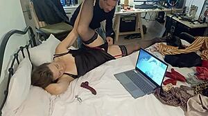 European woman in satin dress bends over for doggy style blowjob and rimming