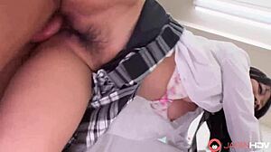 Japanese Mira Hasegawa enjoys an uncensored threesome with loud moans in classroom