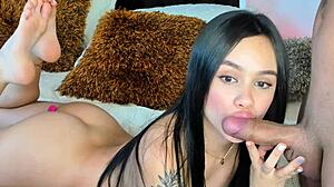 beautiful latina slut gives footjob and blowjob then gets anal fucked by boyfriend