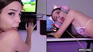 skinny petite gamer gets dominated in dorm by her roommate in various positions.