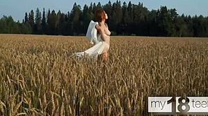 Cute 18+ girl masturbating pussy in the field – teasing walk