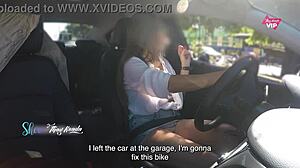 Hot wife Thay Ksada flashes tits in the car for stranger