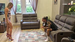 oh, i'm cheating with your best friend, sucking his big european cock and giving secret footjob. blonde slut licks deepthroat.