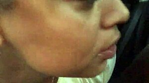 ebony babe gives sloppy public blowjob in car while gagging on huge shaft