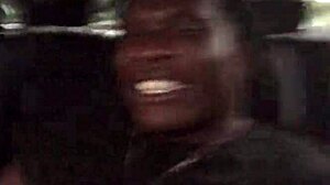 ebony babe gives sloppy public blowjob in car while gagging on huge shaft