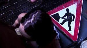 Olga Cabaeva bent over in fishnets for deepthroat and fingering by big tits mommy in crowded room