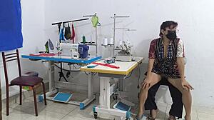 The guy seduced the girl in the workshop, sewing for her