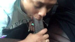 ebony babe gives sloppy public blowjob in car while gagging on huge shaft
