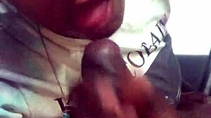 ebony babe gives sloppy public blowjob in car while gagging on huge shaft