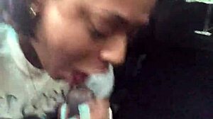 ebony babe gives sloppy public blowjob in car while gagging on huge shaft