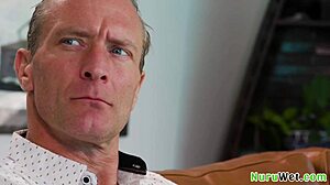 Big tit blonde teen rubbing tits and body on client during slippery massage