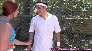 Intense blowjob at party leads to cum facial on amateur redhead teen outdoors