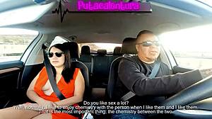 the tv host brunette milf kisses and gives blowjob to luis garay in the car during interview